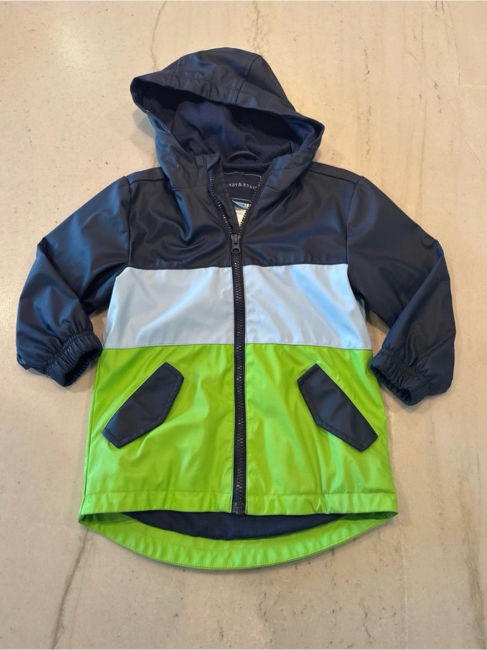 Andy & Evan Navy, Light Blue and Lime Green Colorblock Hooded Raincoat